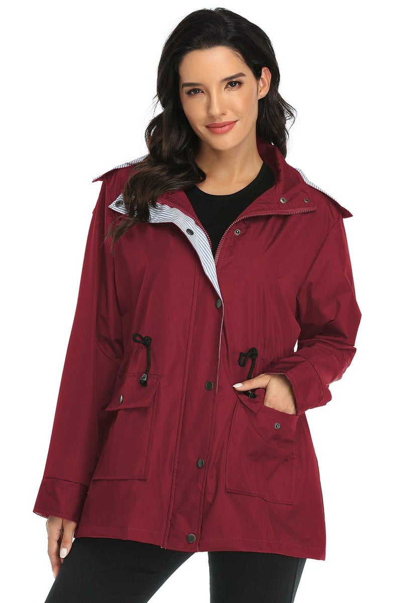 Arthas Women Light Rain Jacket Waterproof Active Outdoor Trench Raincoat with Hood Lightweight Plus Size for Girls (Red, L) - Image 3